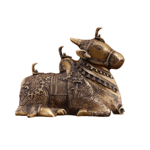 Pure Brass Nandi Statue | 8" x 11" x 6" | 5.5 kg | Intricate Carving | Three Shiv Lings | Matte Gold Finish | Traditional Hindu Temple Art | Jaipurio